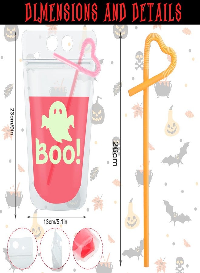 Hotop 36 Pcs Glow In The Dark Halloween Drink Pouches Luminous Beverage Drink Bags with 50 Pcs Straws Spooky Party Decorations Skeleon Ghosts Pumpkin Cups for Halloween Adults Party Favors Accessories - Image 2